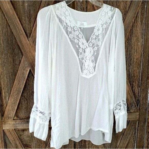 Soft Surroundings Blouse Top Sz L White Lace Trim Flounce Sleeve V-Neck Feminine - Picture 13 of 13